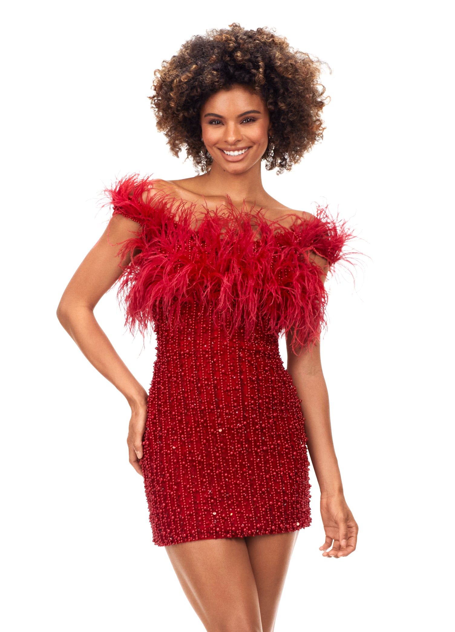 Ashley Lauren 4566 Off Shoulder Beaded Cocktail Dress with Feathers 12 Red Glass Slipper Formals