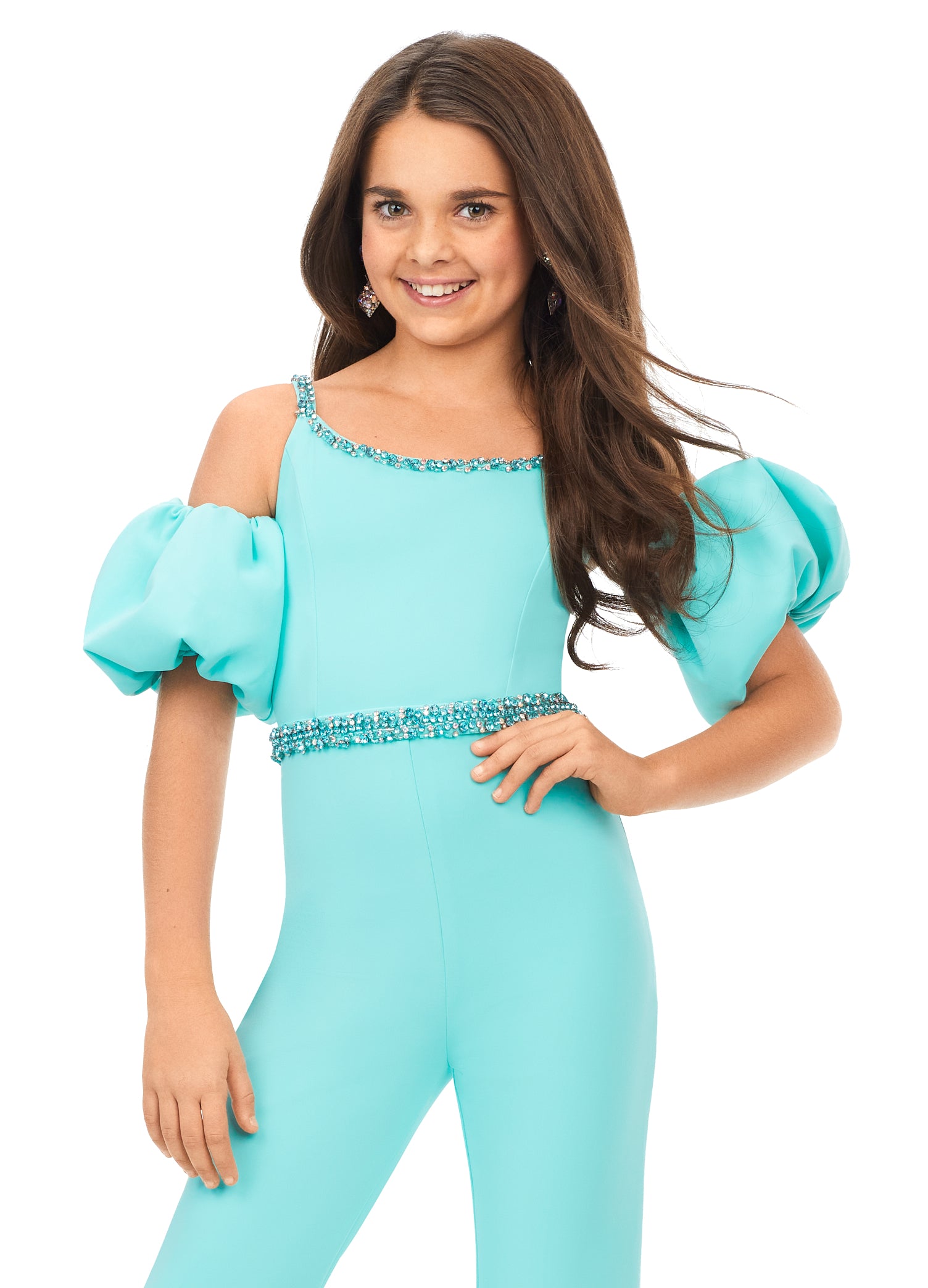 Ashley Lauren Kids 8164 Girls Off Shoulder Scuba Jumpsuit Puff Sleeves