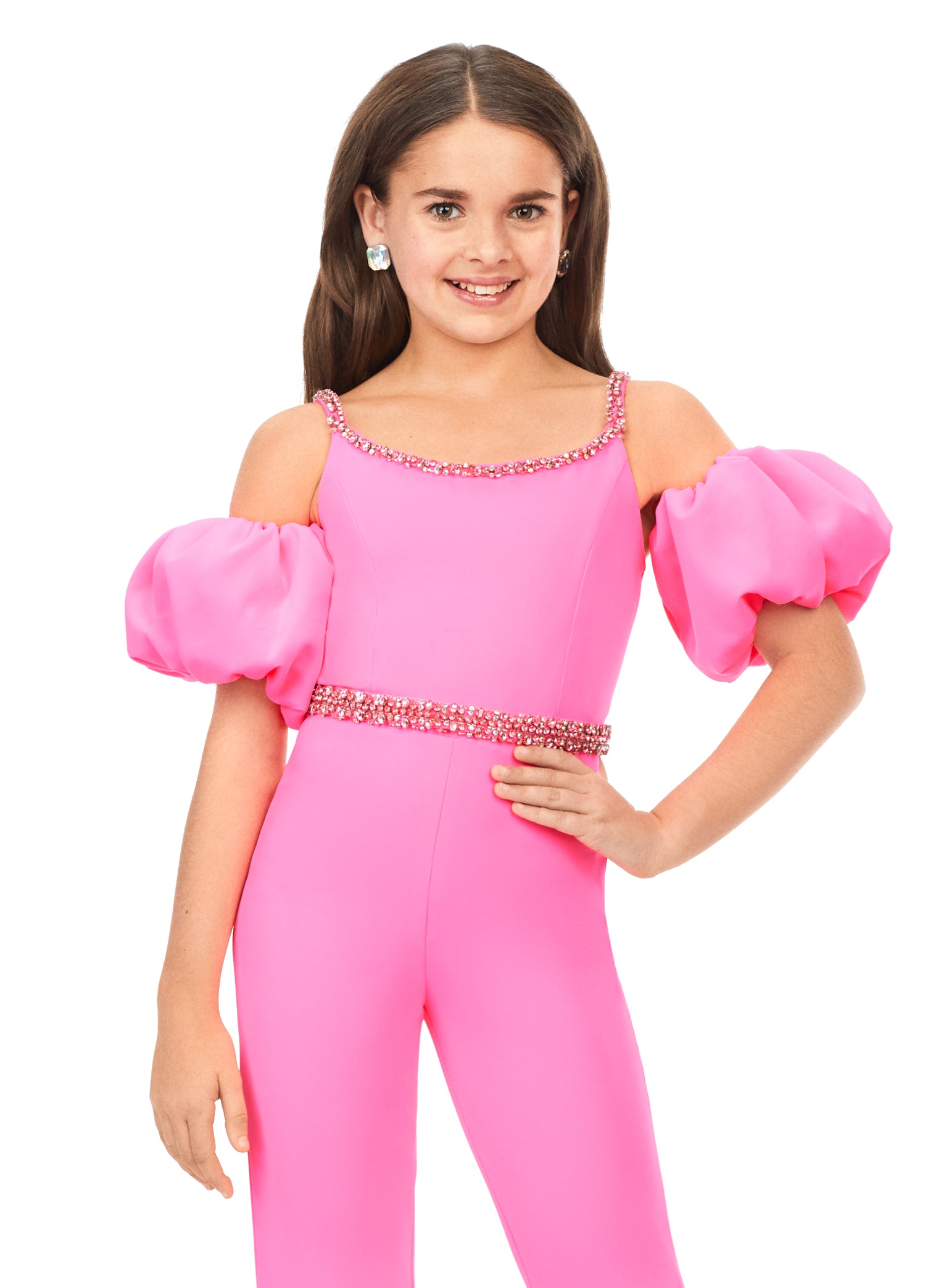 Ashley Lauren Kids 8164 Girls Off Shoulder Scuba Jumpsuit Puff Sleeves