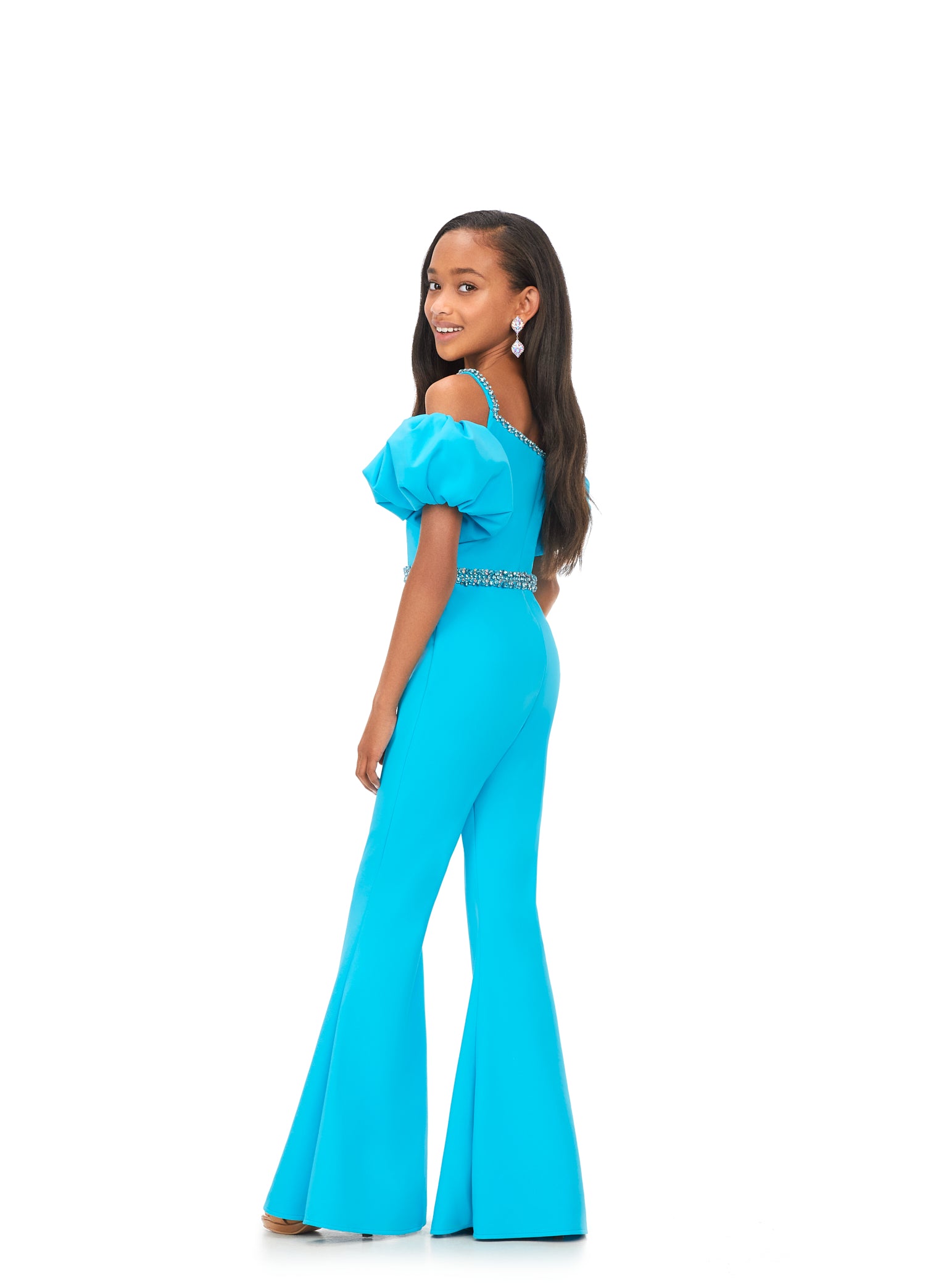 Ashley Lauren Kids 8164 Girls Off Shoulder Scuba Jumpsuit Puff