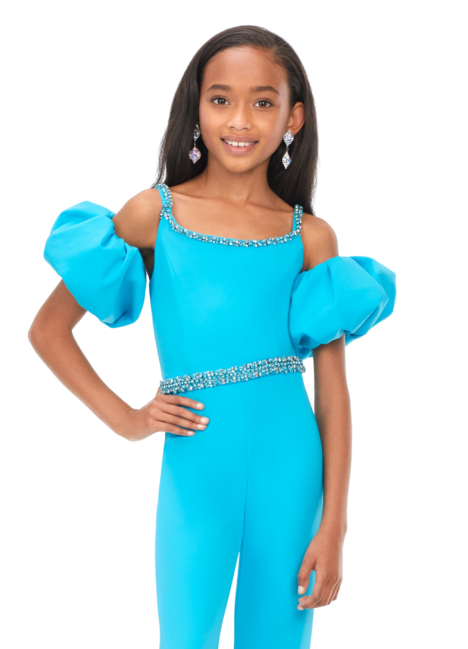 Ashley Lauren Kids 8164 Girls Off Shoulder Scuba Jumpsuit Puff Sleeves