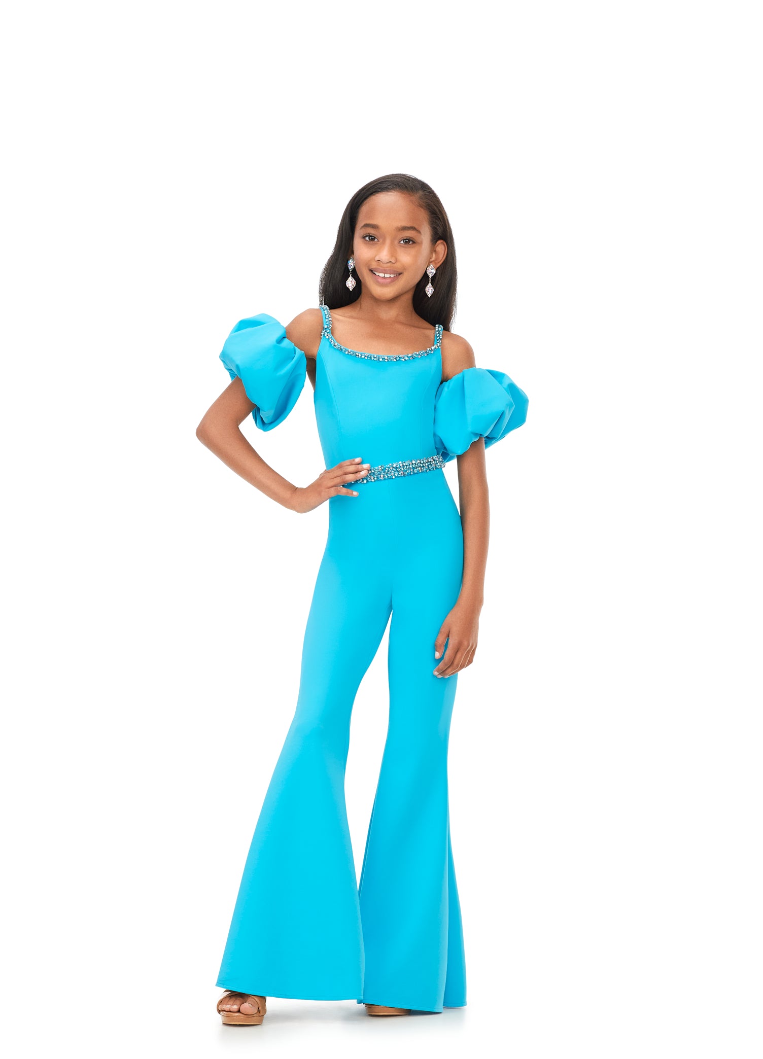 Ashley Lauren Kids 8164 Girls Off Shoulder Scuba Jumpsuit Puff