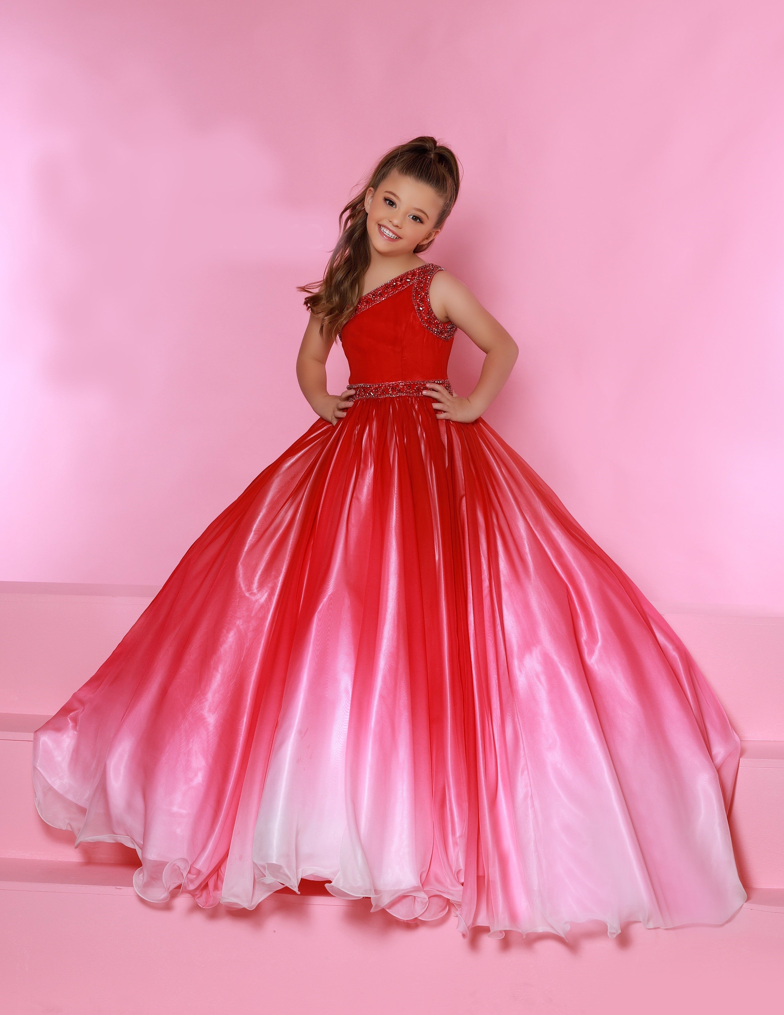 Sugar Kayne C169 Size 10, 12 Long girls Pageant Ballgown Ombre One Shoulder  Dress