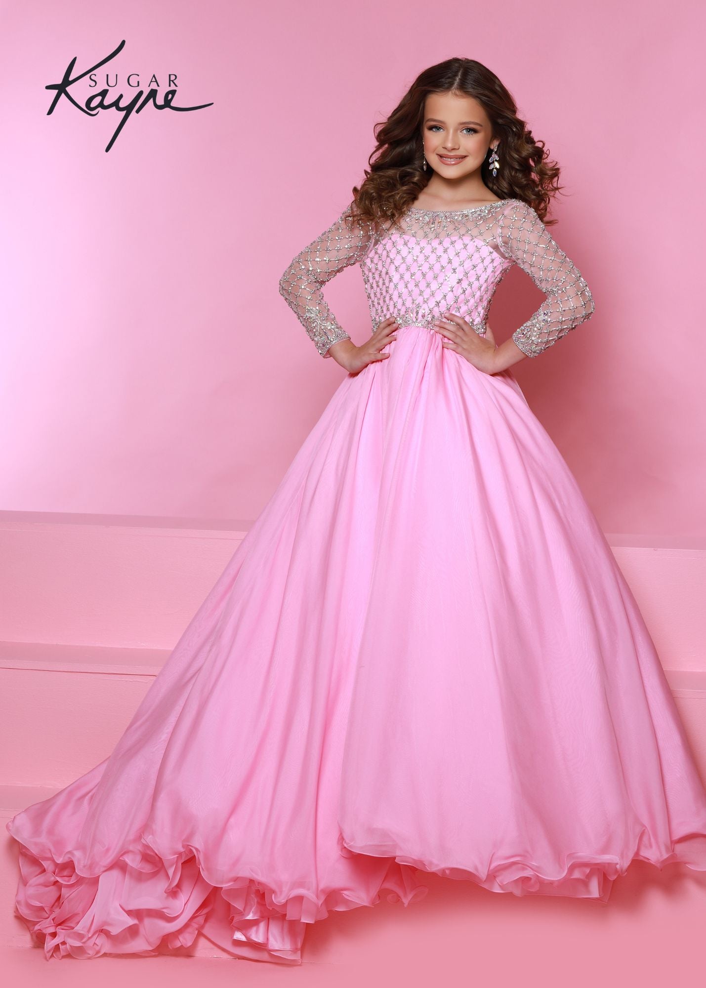 Sugar Kayne C303 Long Sleeve Sheer Crystal Chiffon Girls Pageant Dress Ball  Gown Dress