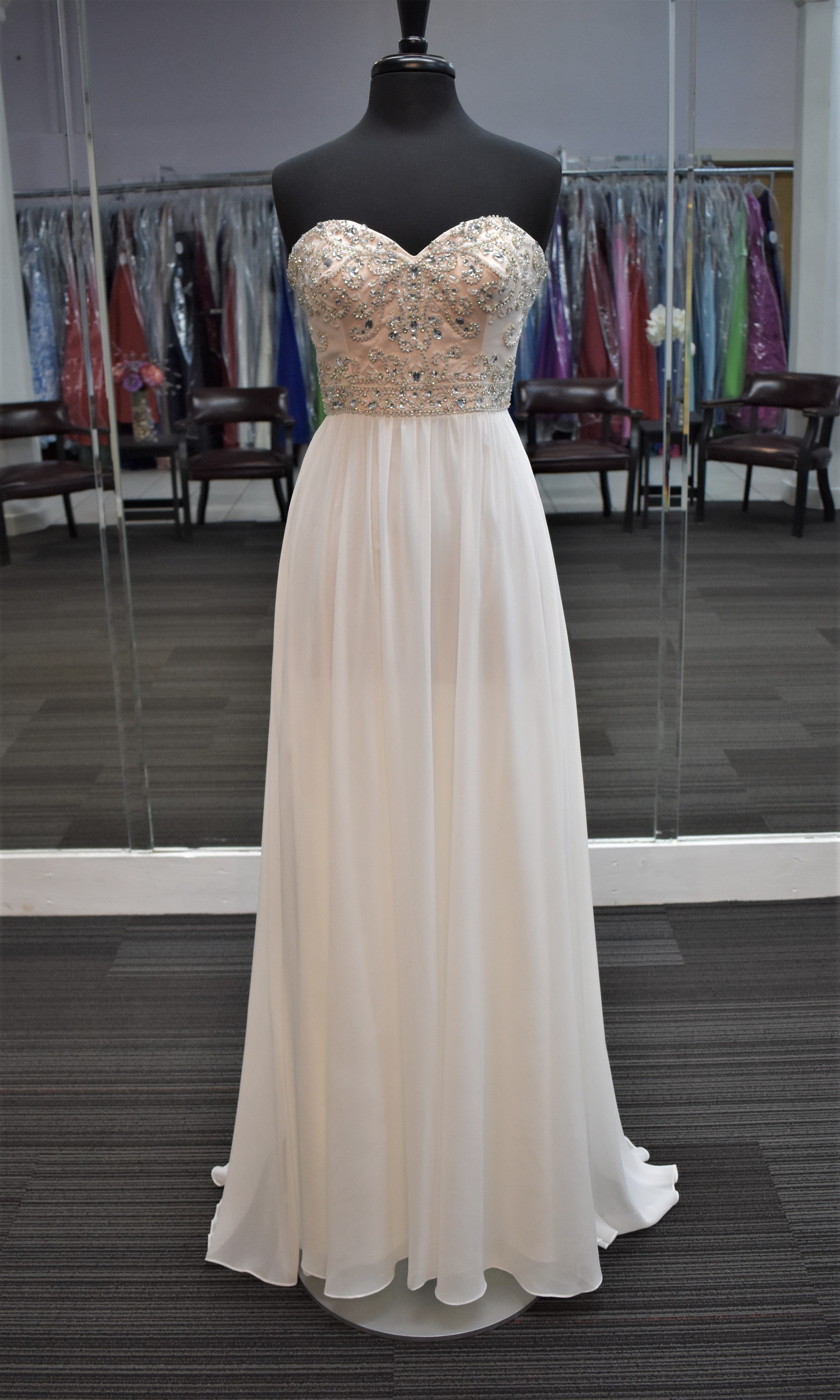 long white strapless chiffon prom dress