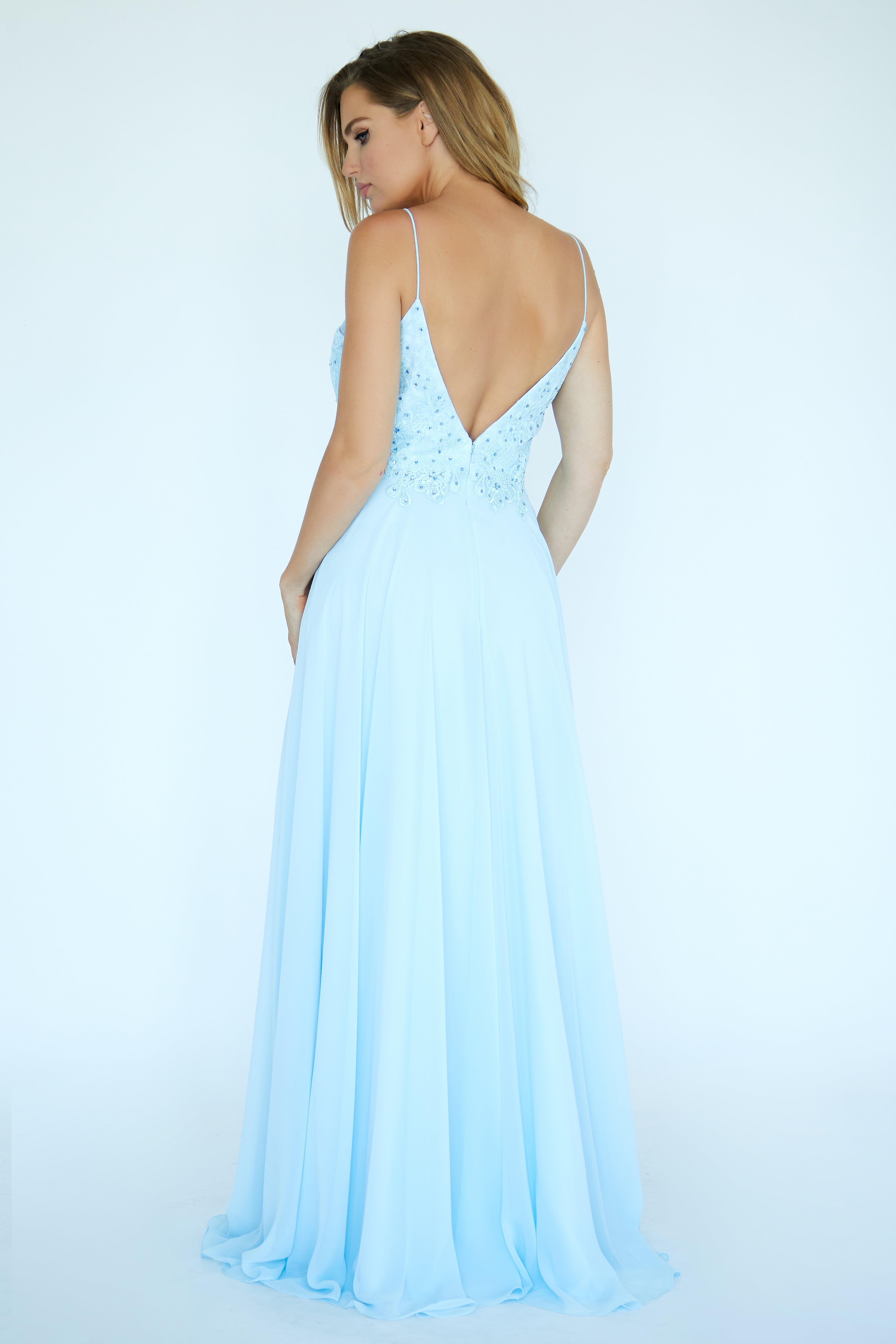 Flower applique hotsell chiffon gown