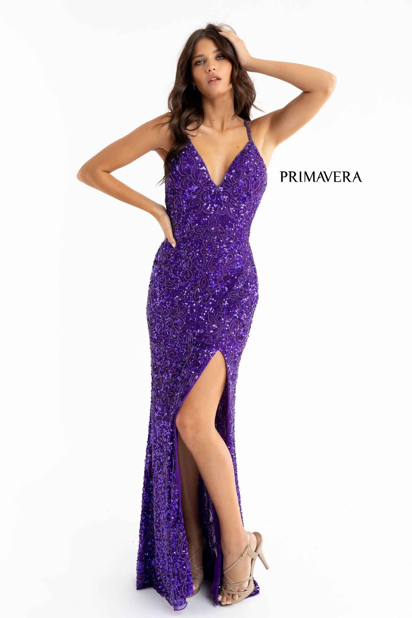 Primavera Couture 3295 Exclusive  Prom Dress, Formal Evening Gown.  This exclusive prom dress is designed with sequins throughout.  I has a V neckline with beaded spaghetti straps that crisscross in the open back.  It is long with a left side slit.  Available Colors:  FUSHIA,CREAM,EMERALD,IVORY,PEACOCK,BLACK,MIDNIGHT,NEON LILAC,NEON PINK,FORREST GREEN,PURPLE,TURQUOISE,CORAL,BLUE,RED,LIGHT BLUE,NEON SAGE