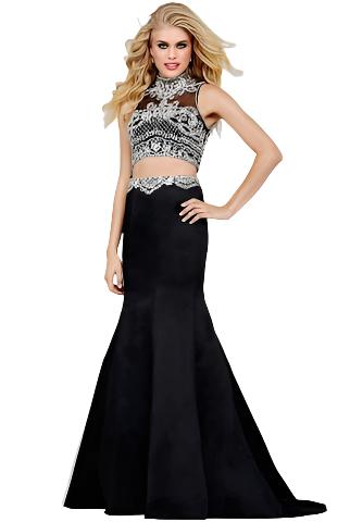 Jovani 33862 Black size 2 This pageant gown is a modern two piece style dress with a long form fitting mermaid skirt that will hug every curve and is made in an elegant satin fabric that is beaded with a stunning belt detail along the waistline that scallops in the edges. The back of this prom dress is a sexy open dome shaped back with beaded straps along the sides and a center back zipper