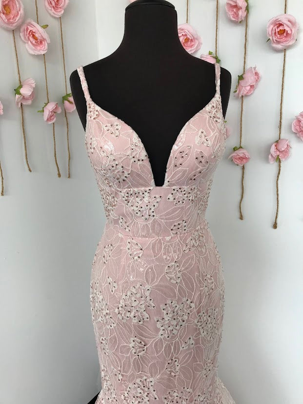 Ashley Lauren 1743 size 4 Blush Mermaid lace prom dress embellished go Glass Slipper Formals