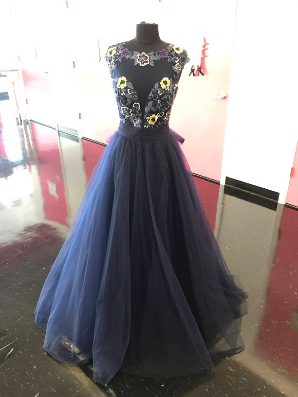 Nina Canacci 2145 Size 4 Navy Tulle A Line Ballgown Lace Sheer Formal Prom Dress Gown