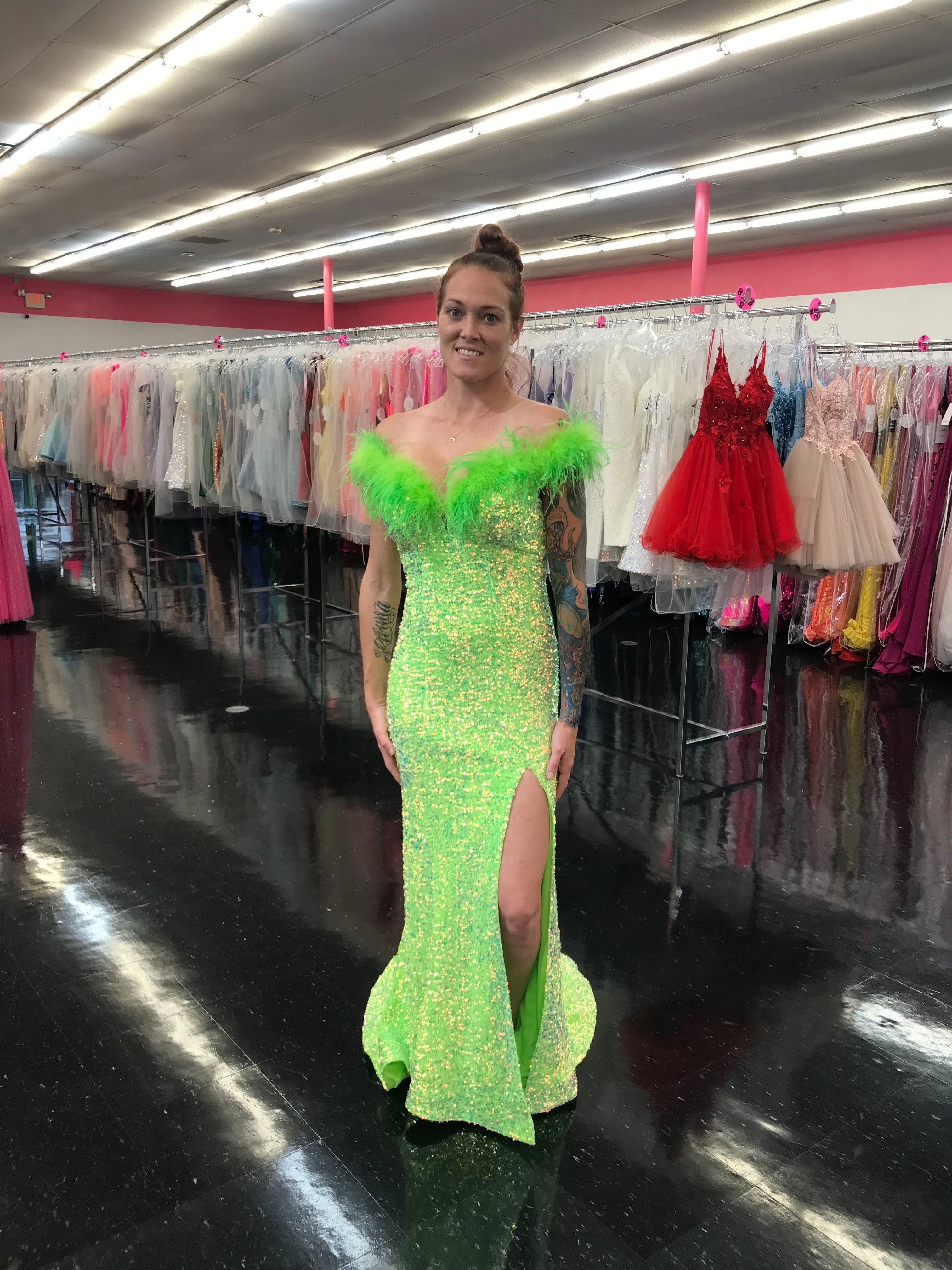 Lime green off 2024 the shoulder dress