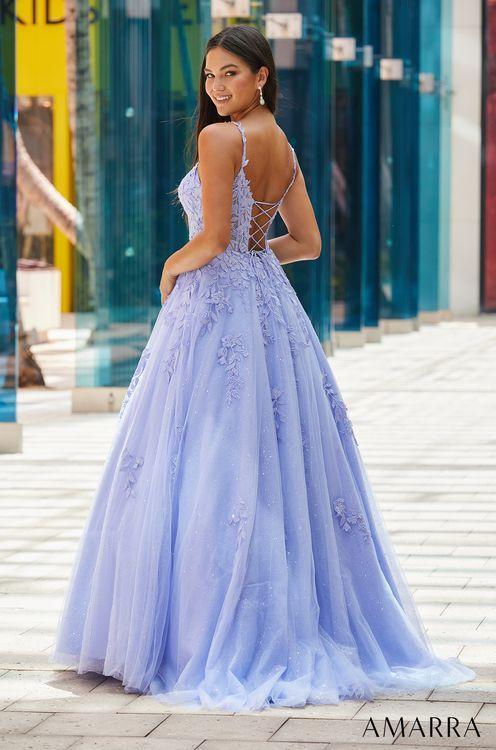 Gorgeous V Neck Light Blue Lace Long Prom Dress with Pocket, Light