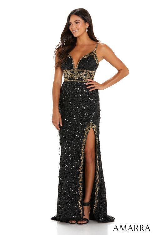 Black prom dress hot sale with gold accents