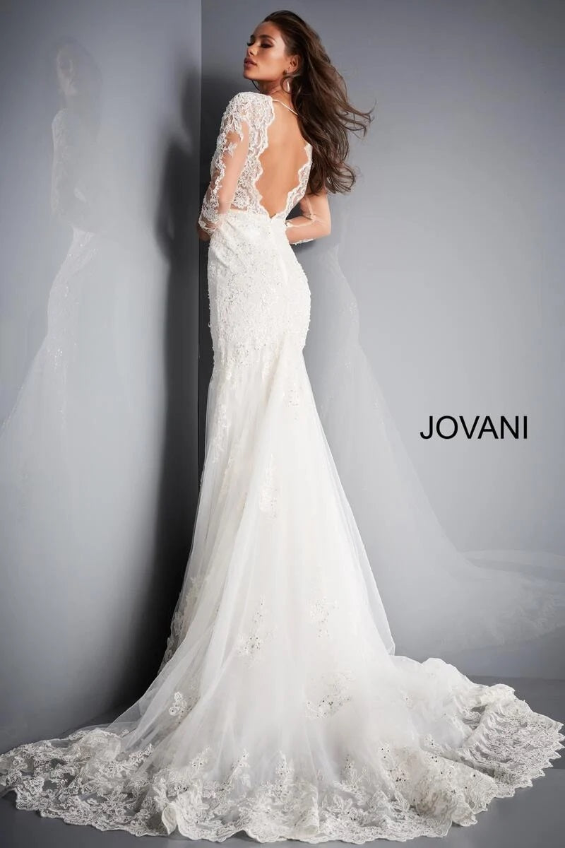 Jovani Bridal S48484 Halter Backless Fitted Beaded V Neck Wedding Dres –  Glass Slipper Formals