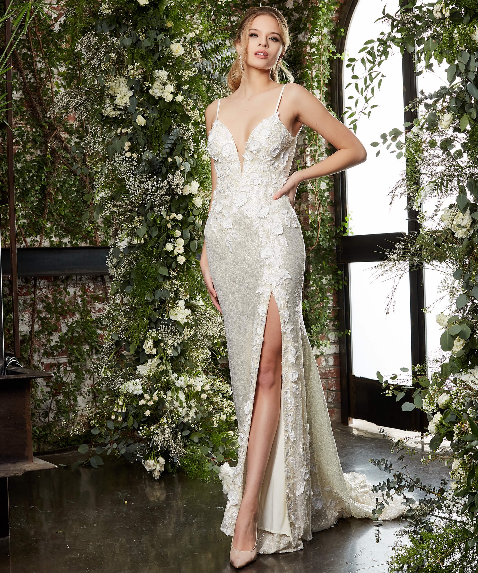 Jovani Bridal 06610 A Line Maxi Slit Sheer Beaded Corset Wedding Dress  Ballgown
