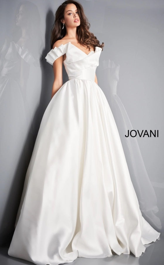 Jovani Bridal JB2500 Ivory Pleated A Line Ruffle Off the Shoulder Wedding  Dress