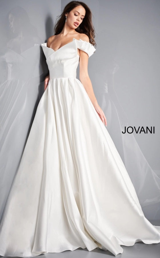 Jovani Bridal JB2500 Ivory Pleated A Line Ruffle Off the Shoulder Wedding  Dress