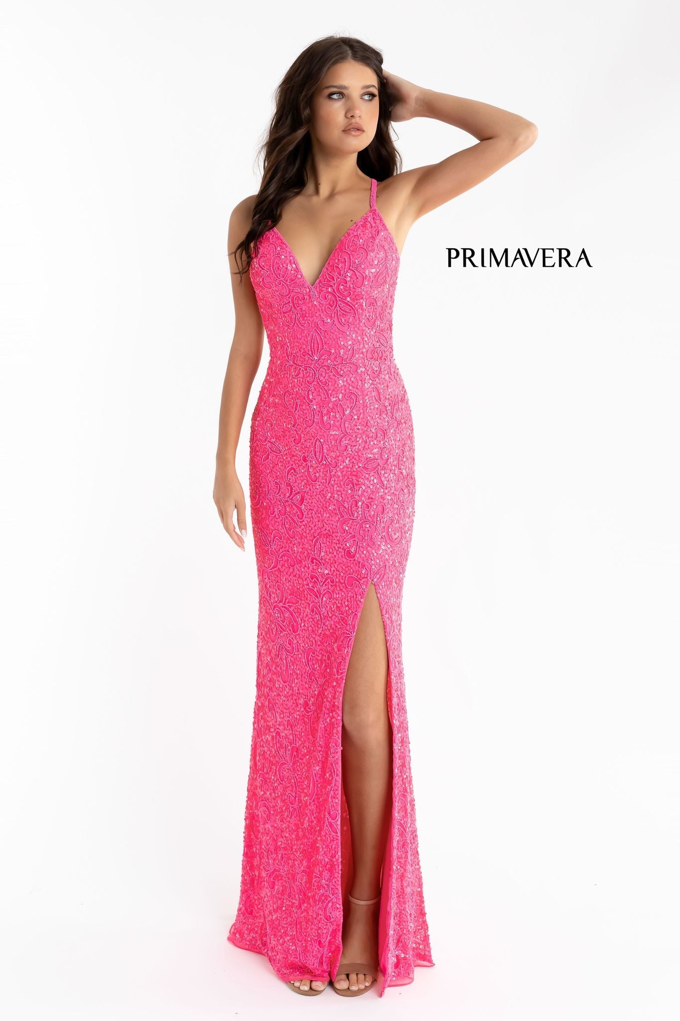 Primavera Couture 3295 Size 2 Neon Lilac Prom Dress V Neckline Sequins Backless Slit Formal Evening Gown