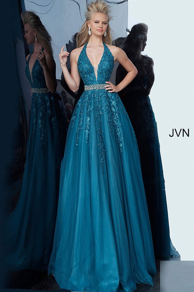 Jovani JVN 00923 Long Floral Lace Ballgown Prom Dress Halter