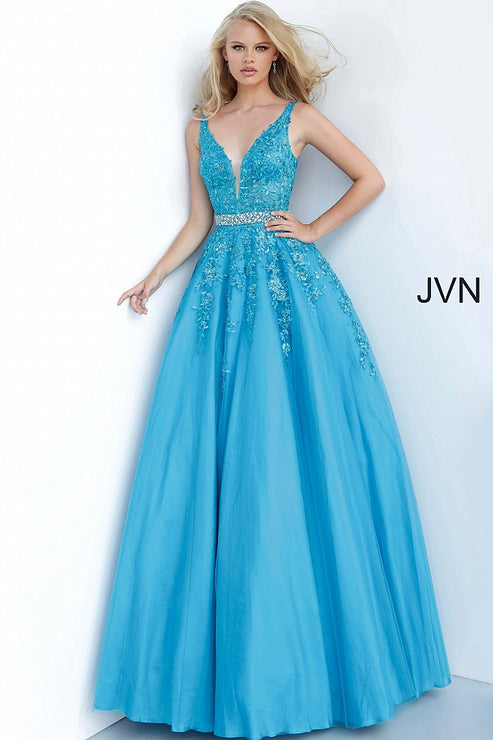 Jovani JVN00925 Size 4 Gold Embellished Lace Ball Gown Prom Dress Plun ...