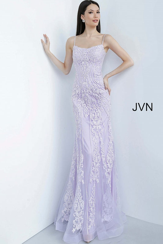 JVN02012 lilac lace fit and flare long bridesmaids prom dress evening gown Jovani JVN02012 is a long Fitted embroidered lace Prom Dress featuring a modest neckline with spaghetti straps. Corset back ensures a perfect fit & a touch of class. Embroidered lace cascades down the bodice or the dress into the tulle edge skirt. Lace up corset back. JVN 02012  Available Colors: lilac, royal, wine  Available Sizes: 00, 0, 2, 4, 6, 8, 10, 12, 14, 16, 18, 20, 22, 24 