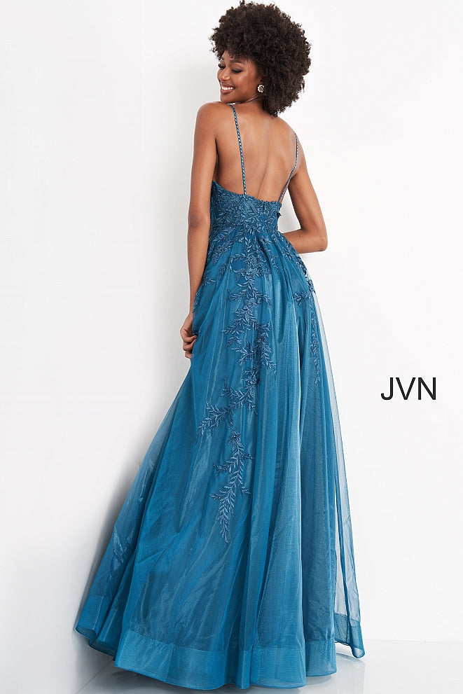 Jovani JVN02266 floral embroidered A line prom dress evening gown plunging v neckline