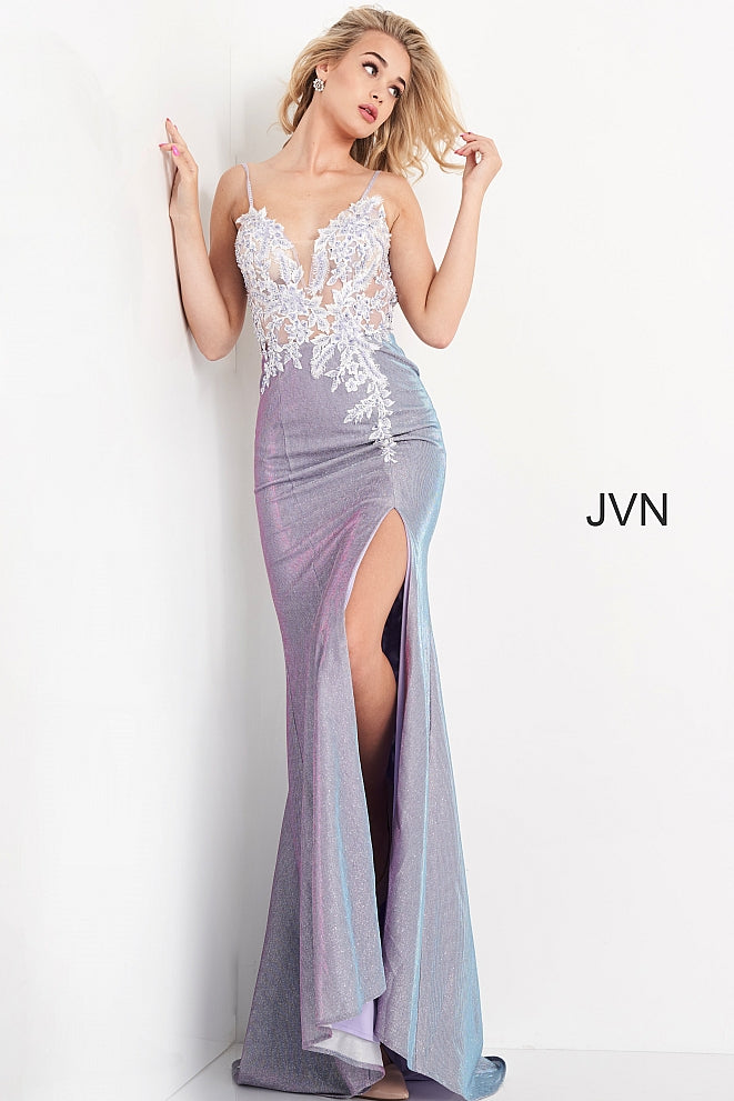 Jovani JVN06454 Long Fitted Sheer Lilac Shimmering Prom Dress Floral L Glass Slipper Formals