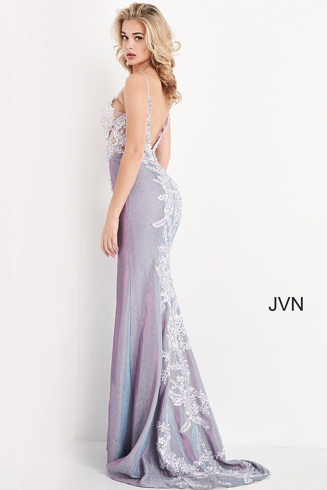 Jovani JVN06454 Long Fitted Sheer Lilac Shimmering Prom Dress Floral Lace  Slit