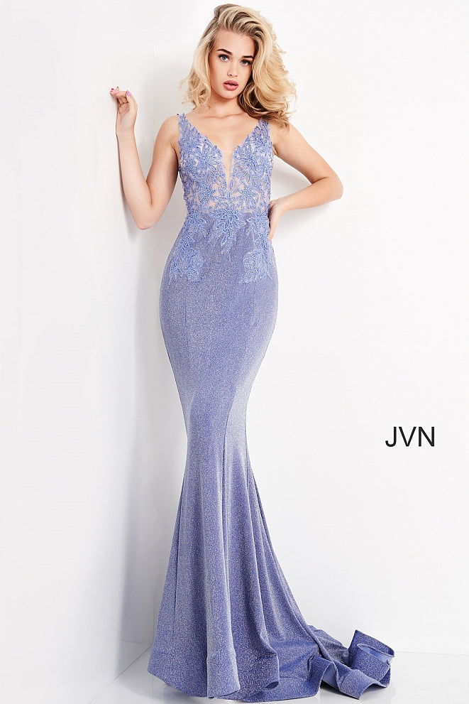 Jovani JVN06505 Long Prom Dress Shimmer Sheer V Neck Fitted Formal Dre ...