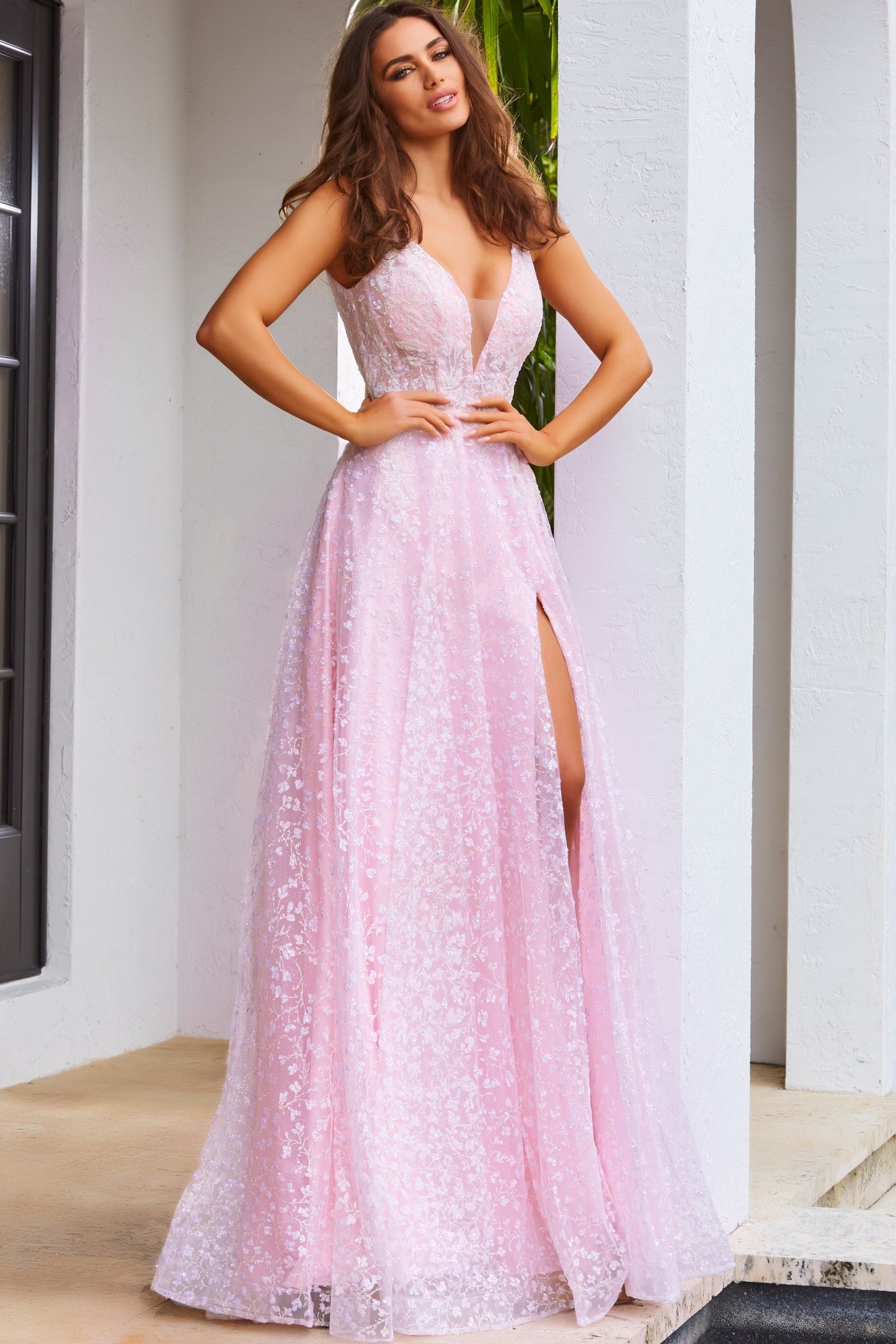 JVN08421 Lace A Line Prom Dress Plunging Neckline Mesh insert Sequined with  a Train and Slit