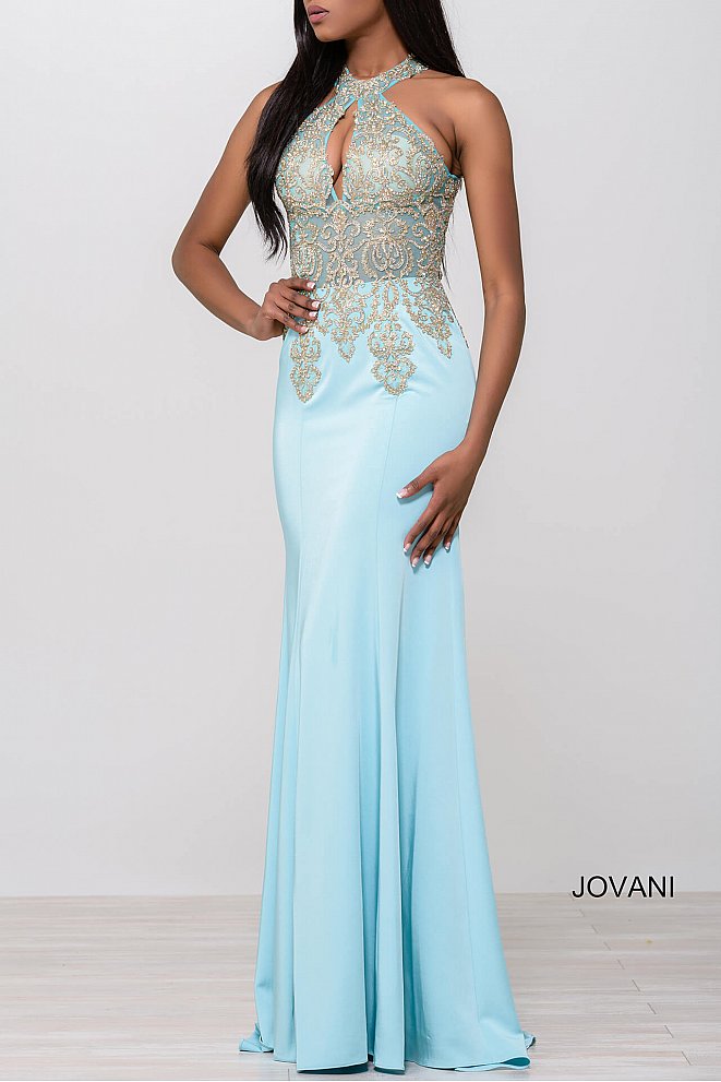 Jovani JVN33691 size 12 aqua formal prom dress evening gown keyhole lace neckline Glass Slipper Formals