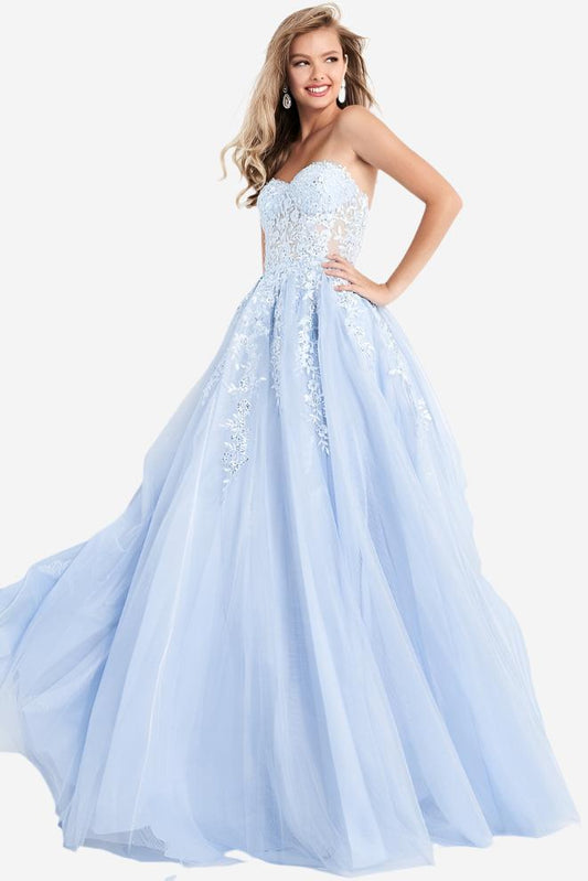 Jovani 00915 light blue is a long Ball Gown Prom Dress. Featuring a sheer Embroidered Bodice with a sweetheart neckline with embellishments. Embroidering and accents cascade down the skirt.   Available Colors: blush, emerald, light-blue, navy