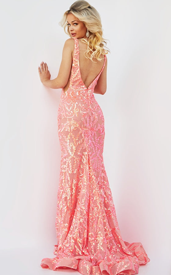 Jovani 22811 size 10 Coral Prom Dress V Neckline iridescent sequins lo Glass Slipper Formals