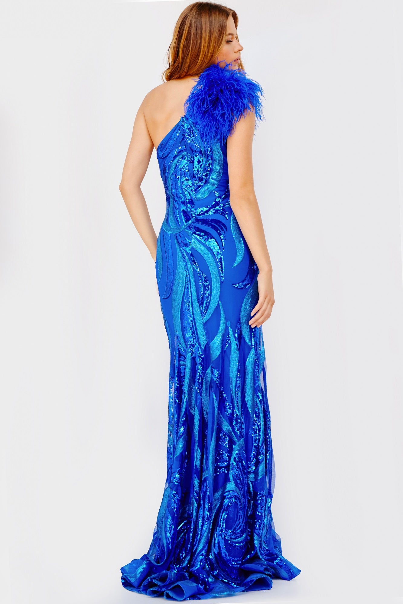 Jovani 32596 Royal One Shoulder Feather Embellished Prom Dress – Glass  Slipper Formals