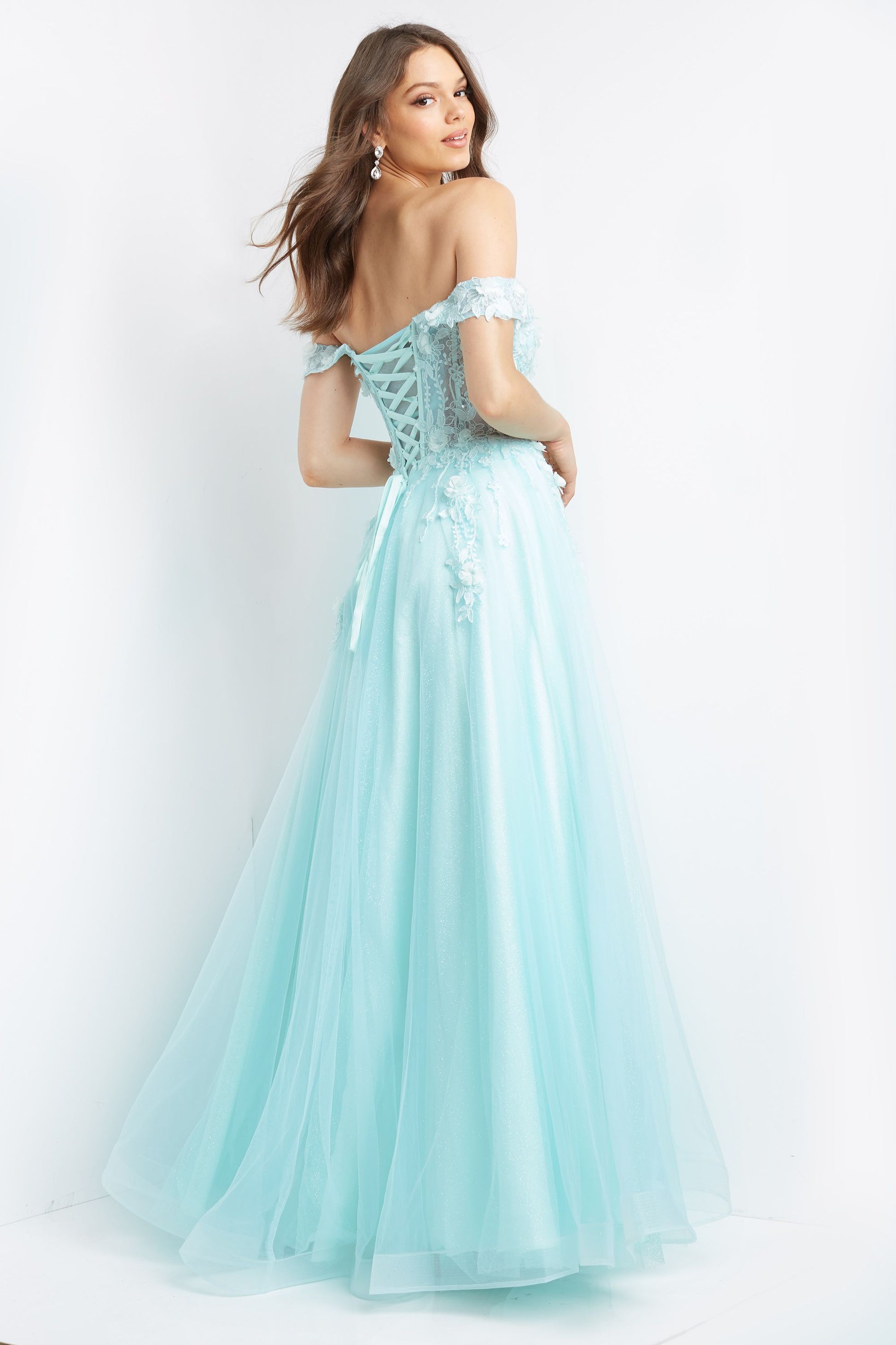 Jovani JVN08295 Prom Dress off the shoulder 3D lace corset A line flowy  glitter tulle