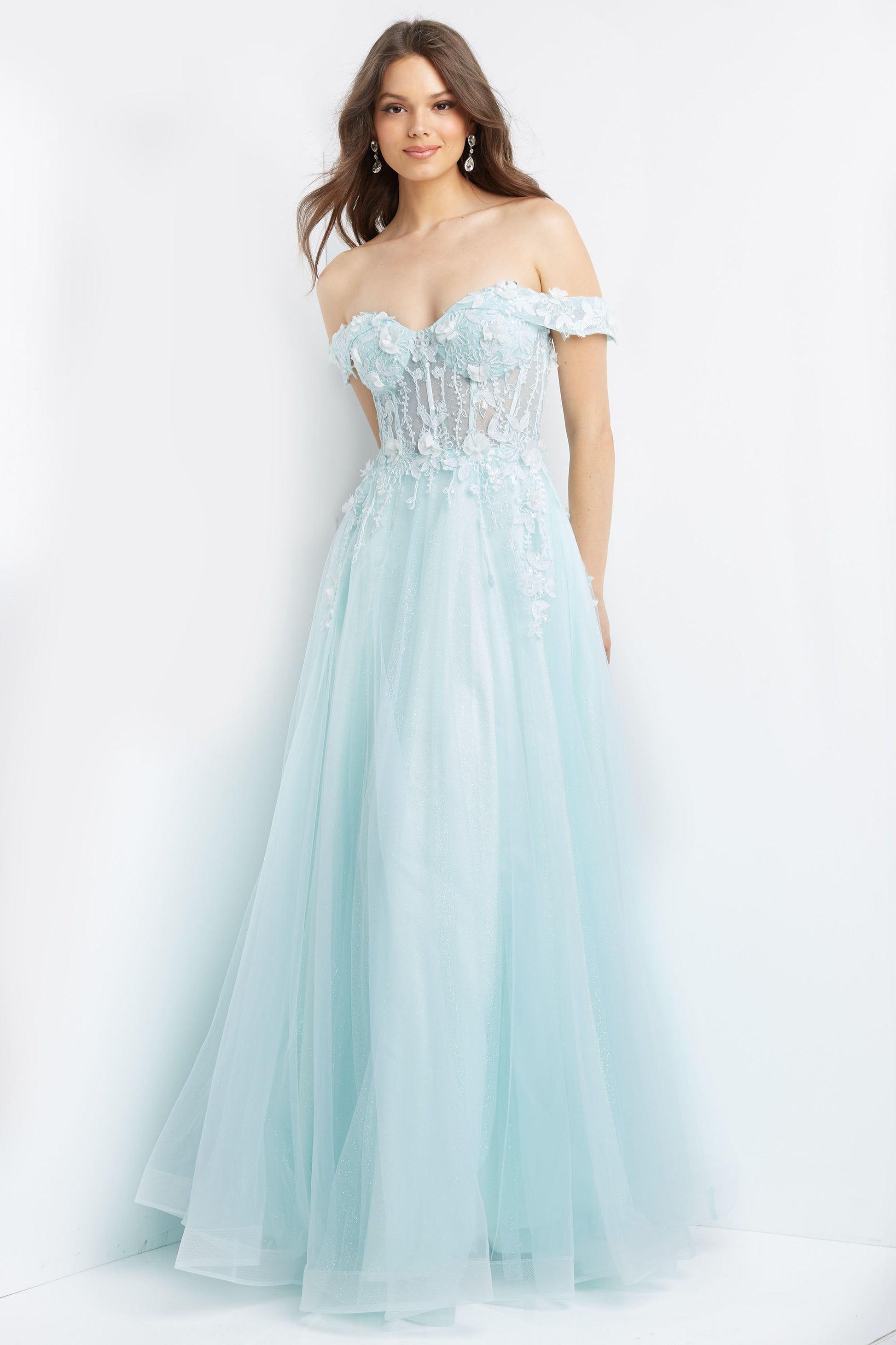 Jovani JVN08295 Prom Dress off the shoulder 3D lace corset A line flowy  glitter tulle