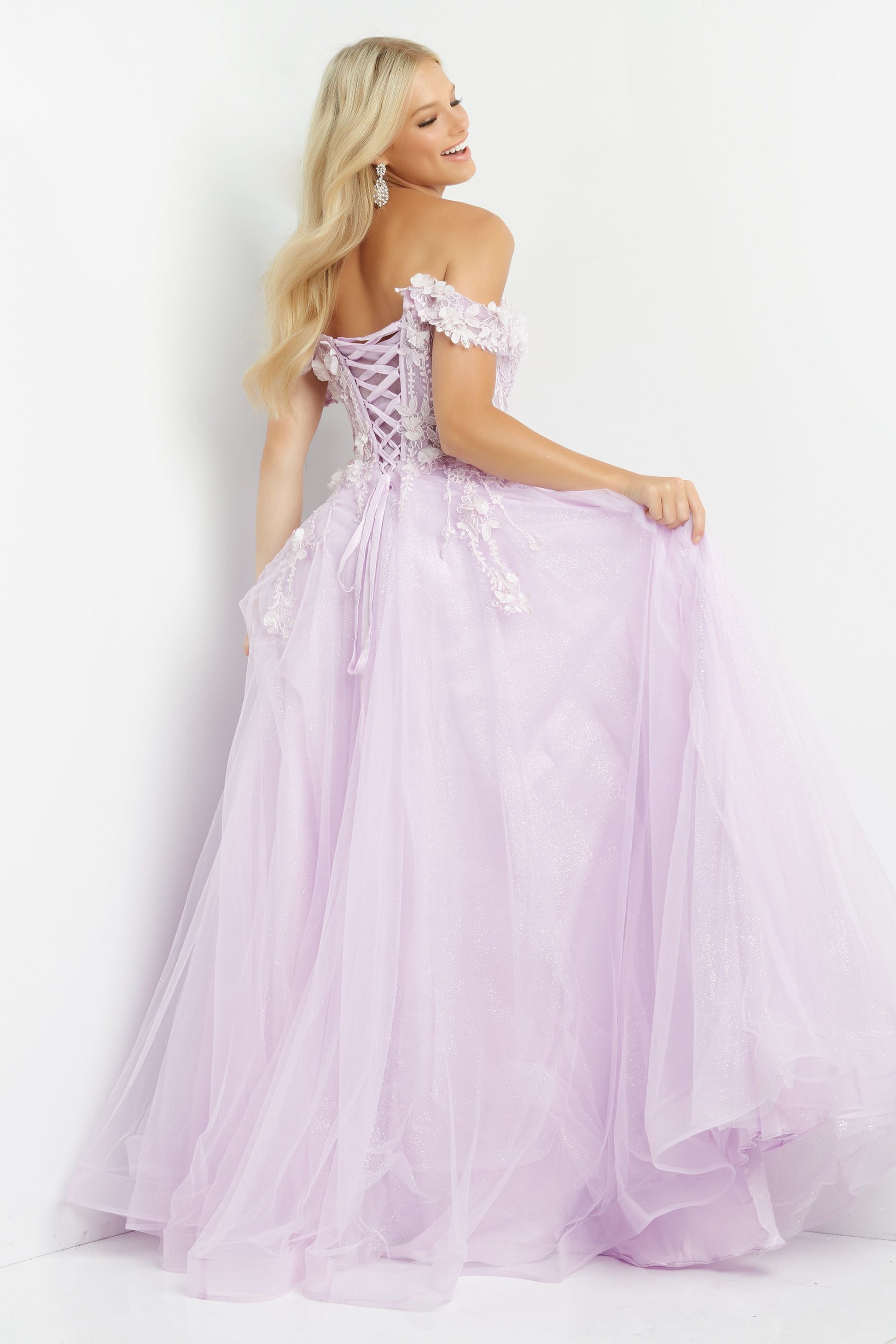 Jovani JVN08295 Prom Dress off the shoulder 3D lace corset A line flow –  Glass Slipper Formals