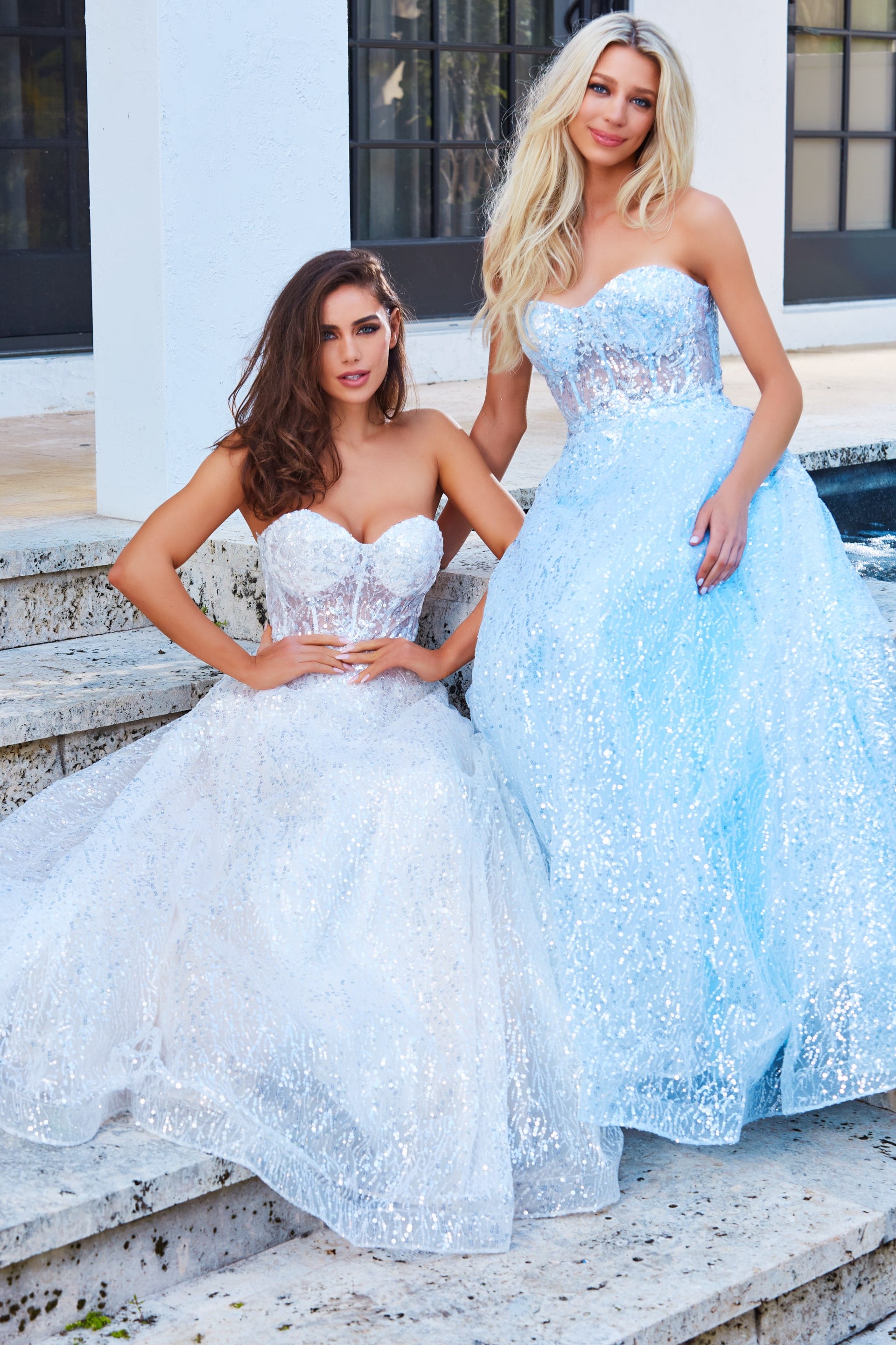 Blue Lace Strapless Dress