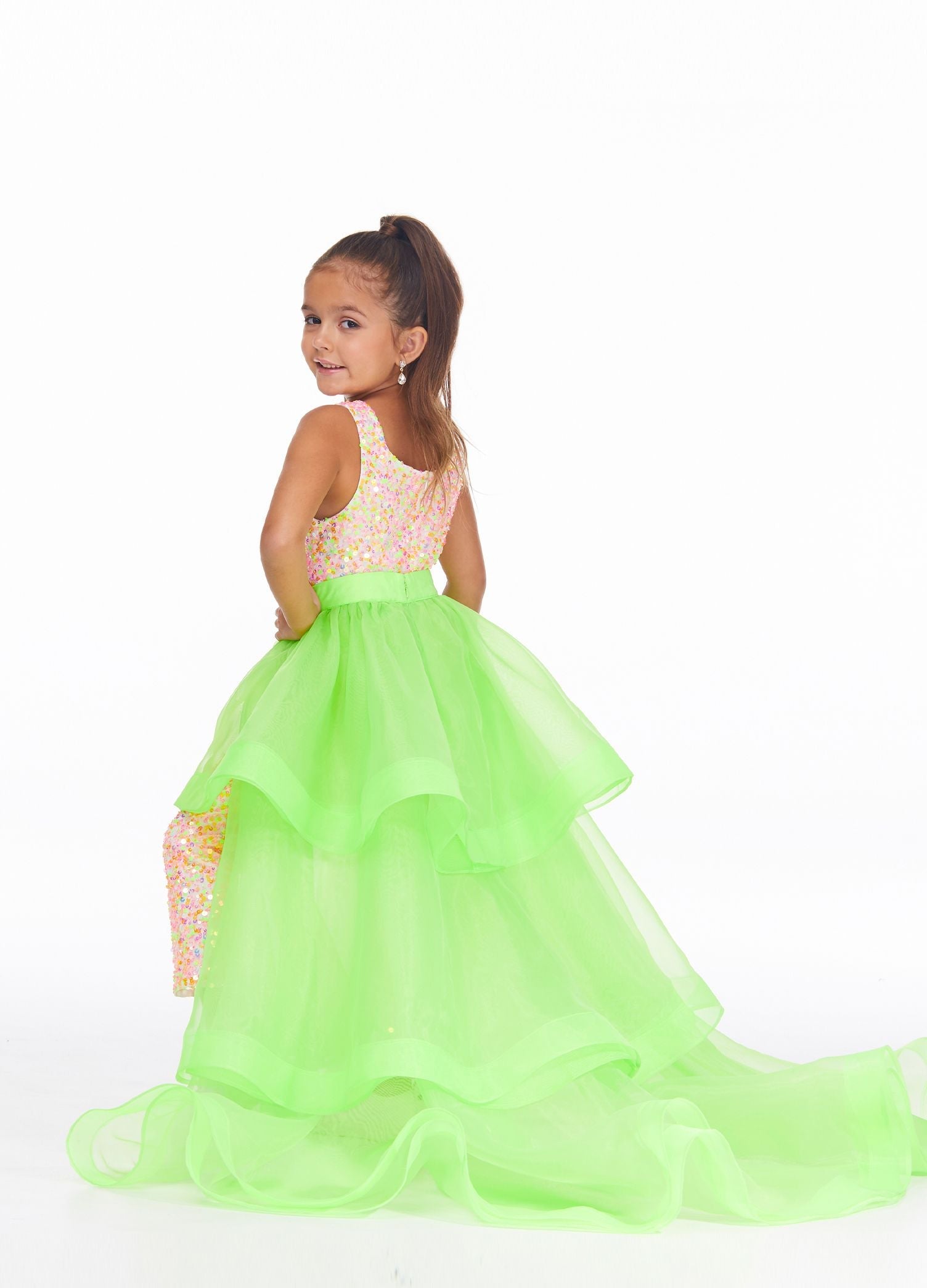 Ashley Lauren 8065 Size 10 Neon Green Kids Tiered Organza Overskirt Pageant  Wear