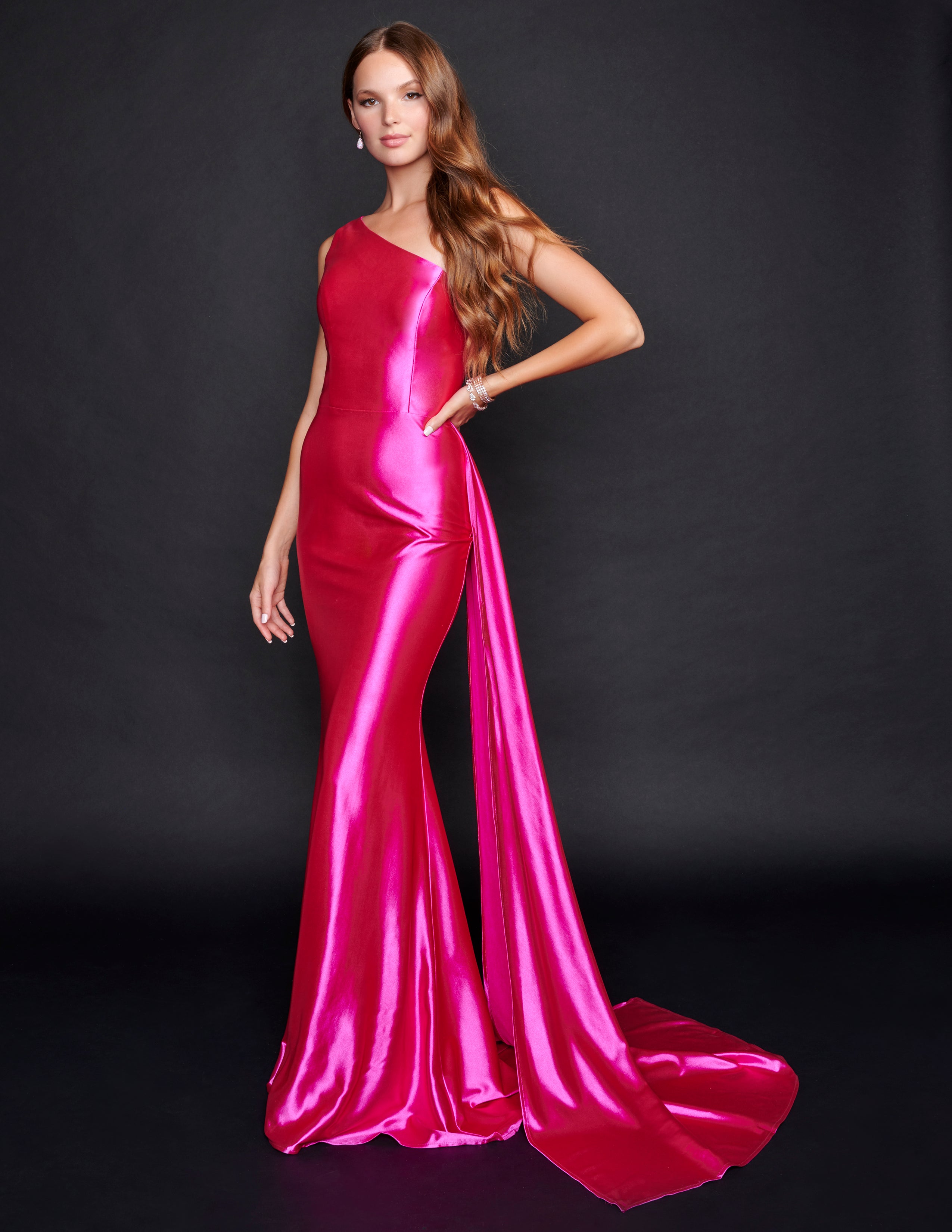 Nina Canacci 6582 One Shoulder Prom Dress with Sash – Glass