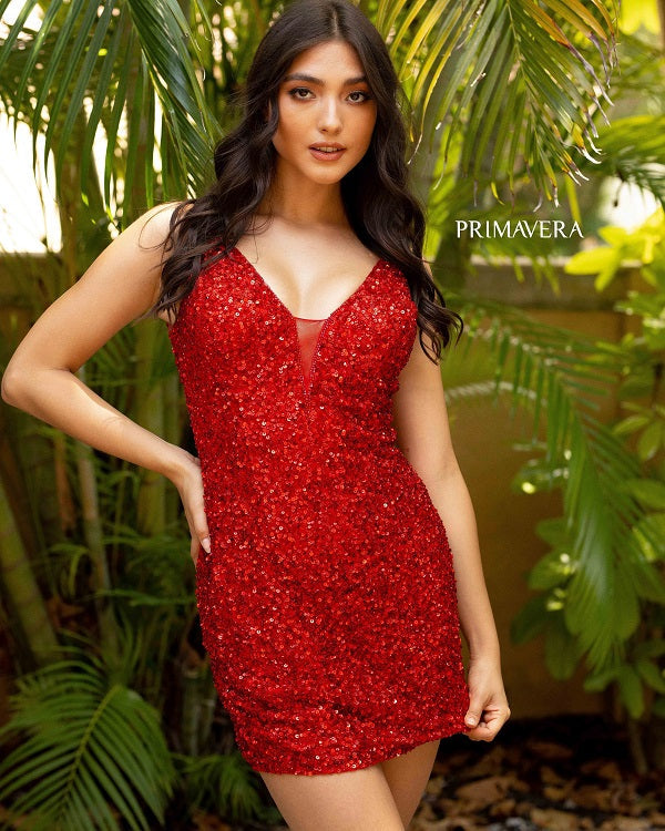 Dark Red Sequin V-neck Double-slit A-line Prom Dress - Lunss