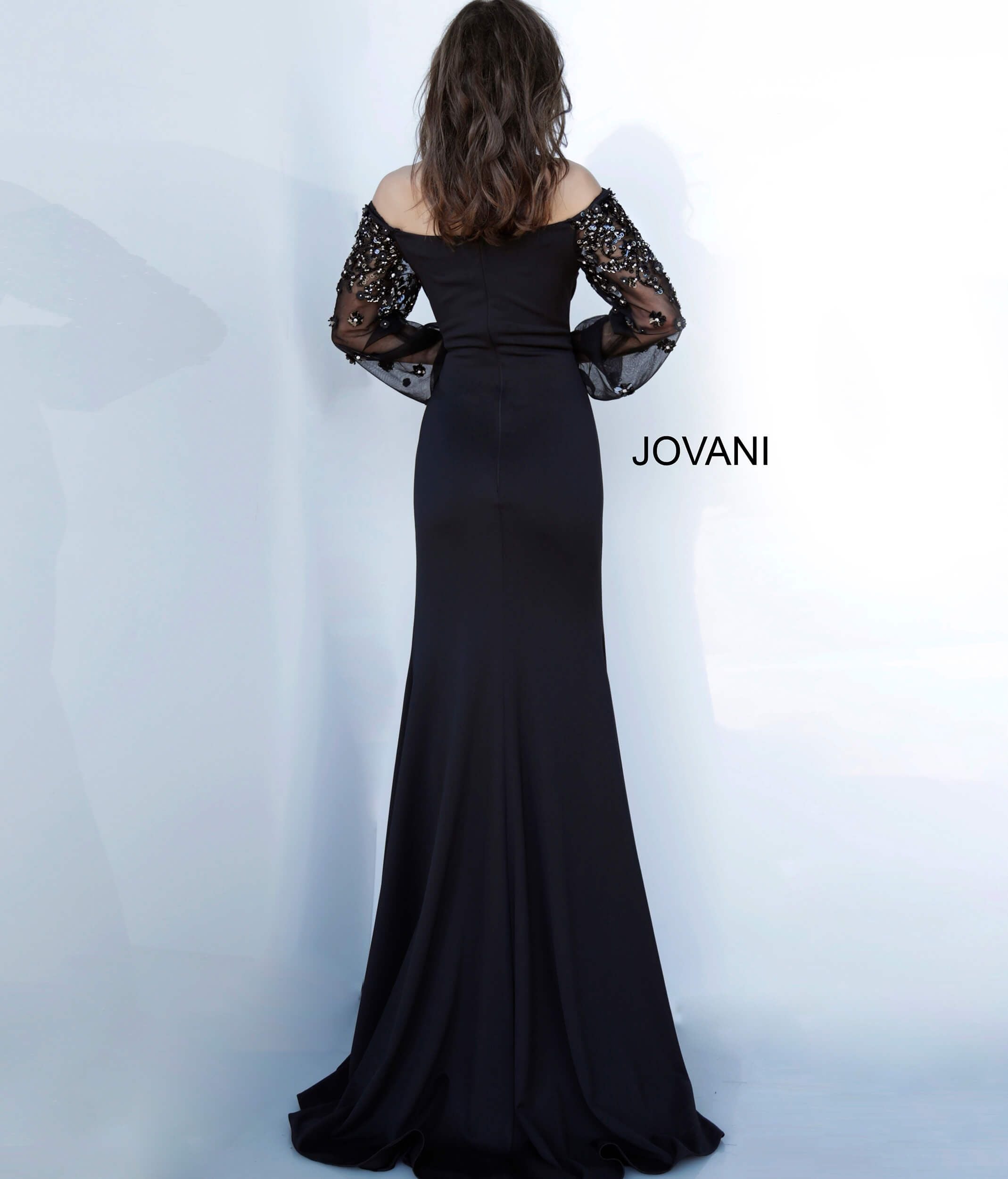 Jovani 1156 off the shoulder long sleeve evening dress black sheer sleeves