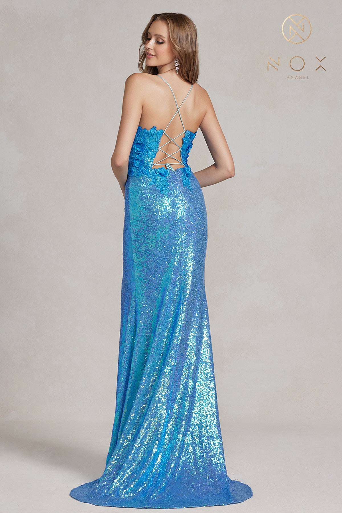 Long iridescent glitter shop corset backless prom dress