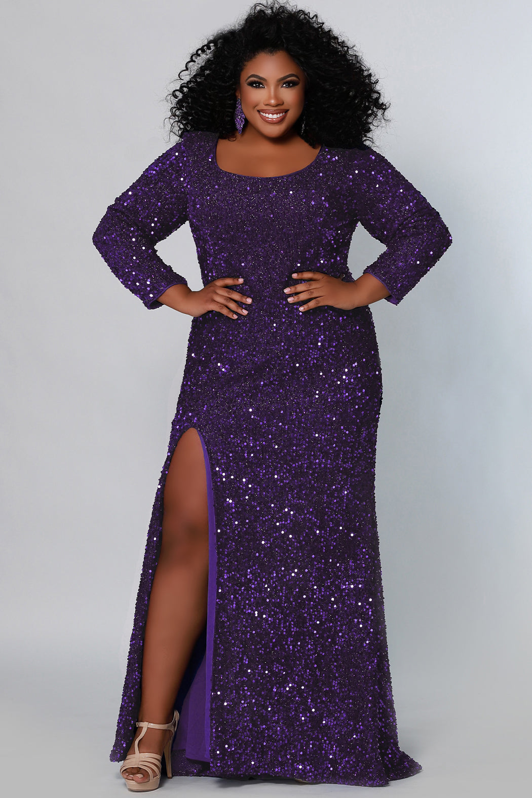 Purple long store sleeve formal dress