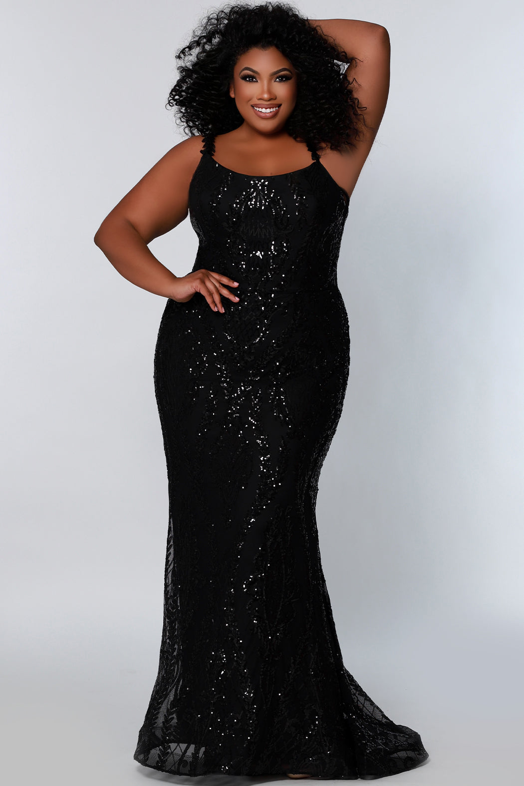 Final Sale Plus Size Spaghetti Strap Sequin Gown with Cut Outs in