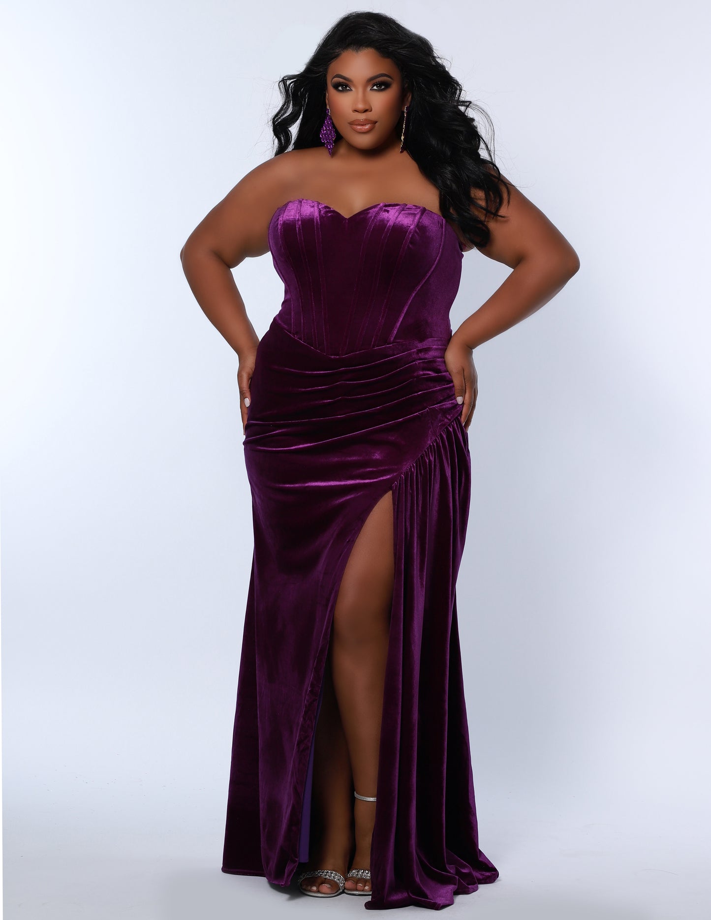 Sydney's Closet SC7342 Long Velvet Prom Dress Plus Size Strapless Evening  Gown Fitted Ruched Pageant