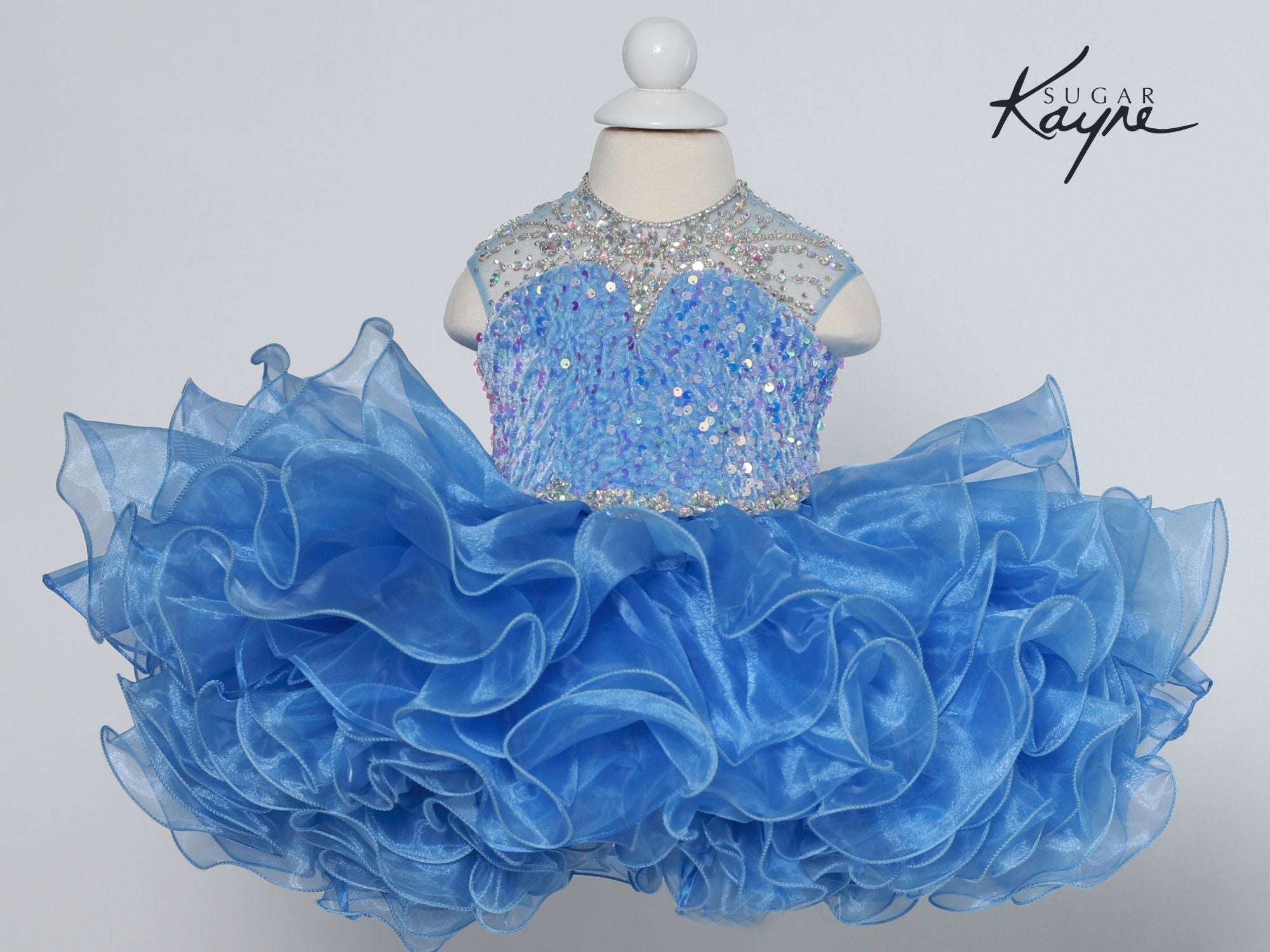 Sugar Kayne C208 Short Velvet Sequin Cupcake Pageant Dress Ruffle High Neck Formal Gown