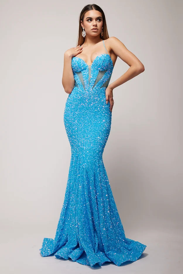 Vienna Prom 82038 Velvet Sequins Prom Dress with Sheer Corset Panels in the Front and backless with corset, fit and flare evening gown.