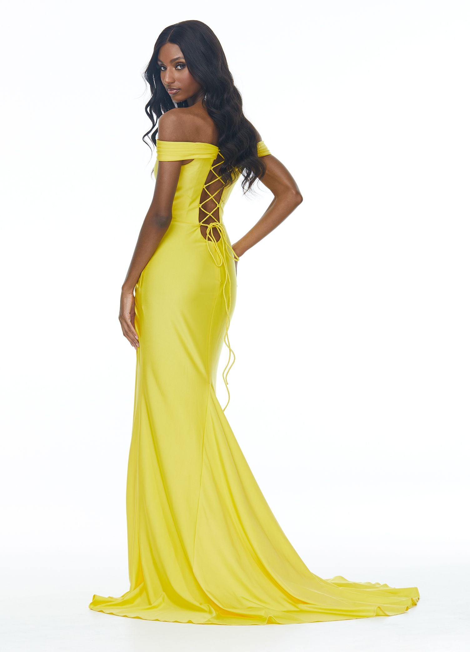 Ashley Lauren 11031 size 2 Yellow off the shoulder jersey prom dress  pageant gown side slit