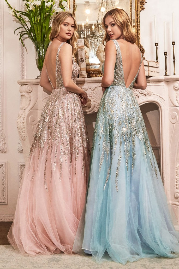 Ladivine C135 Size 6 Blush Long A Line Formal Ballgown Glitter V Neck Prom  Dress Sheer Prom Dress